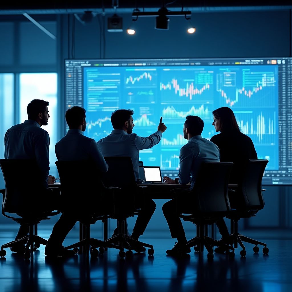 Equipo de consultores financieros discutiendo estrategias